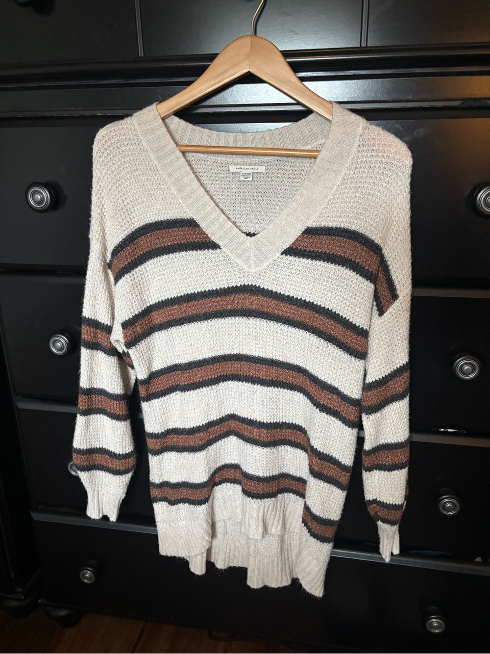 American Eagle Outfitters Cream V-Neck Sweater with Brown and Black Stripes